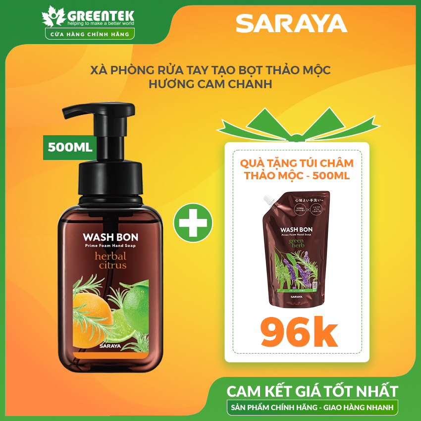 Xà Phòng Rửa Tay Thảo Mộc Tạo Bọt WASH BON Hương Cam Chanh, Làm Sạch Và Dịu Nhẹ Với Da Tay - 500ml
