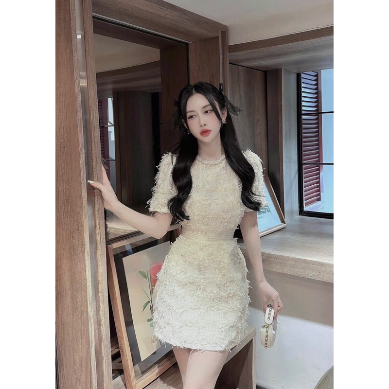 Váy đầm dạ tweed lông kim tuyến, lông vũ