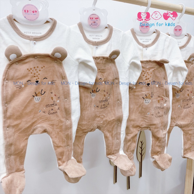 Sleepsuit nỉ hãngg Petit.Beguin xuất dư bộ body dài tay liền tất nỉ băng lông xinh yêu cho bé sơ sinh s