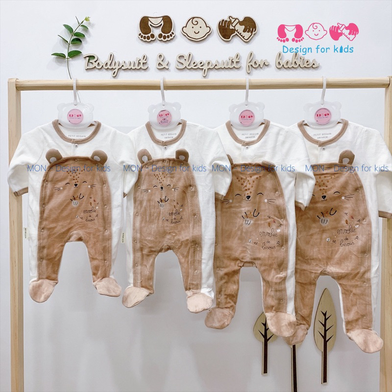 Sleepsuit nỉ hãngg Petit.Beguin xuất dư bộ body dài tay liền tất nỉ băng lông xinh yêu cho bé sơ sinh s