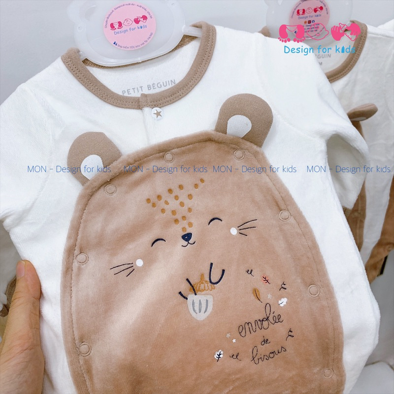 Sleepsuit nỉ hãngg Petit.Beguin xuất dư bộ body dài tay liền tất nỉ băng lông xinh yêu cho bé sơ sinh s