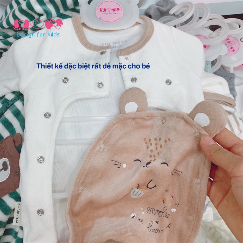 Sleepsuit nỉ hãngg Petit.Beguin xuất dư bộ body dài tay liền tất nỉ băng lông xinh yêu cho bé sơ sinh s