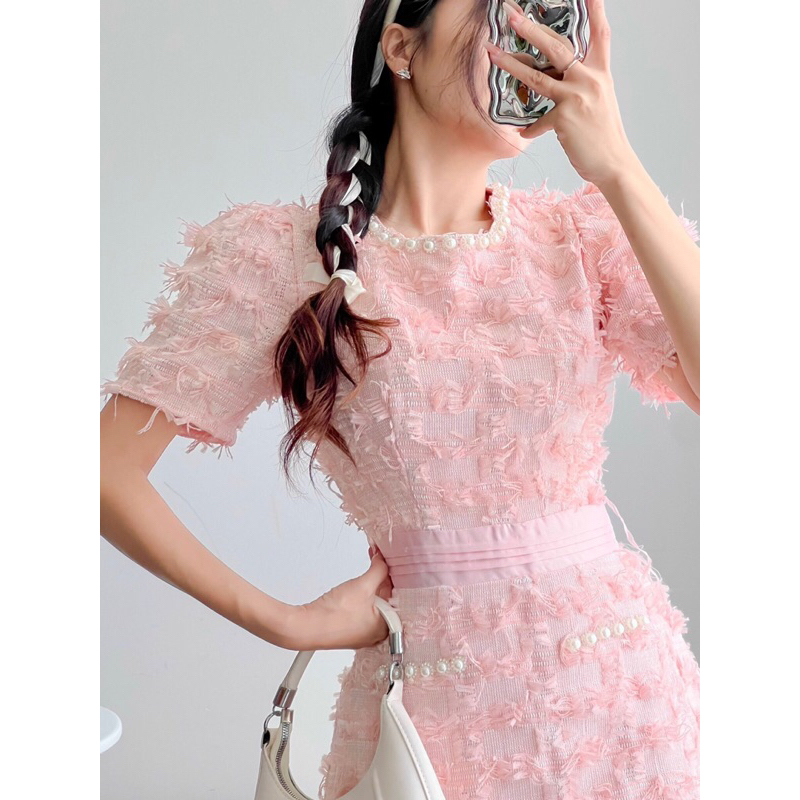 Váy đầm dạ tweed lông kim tuyến, lông vũ