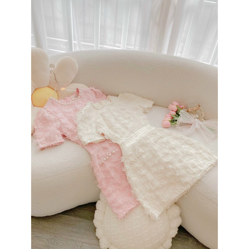 Váy đầm dạ tweed lông kim tuyến, lông vũ