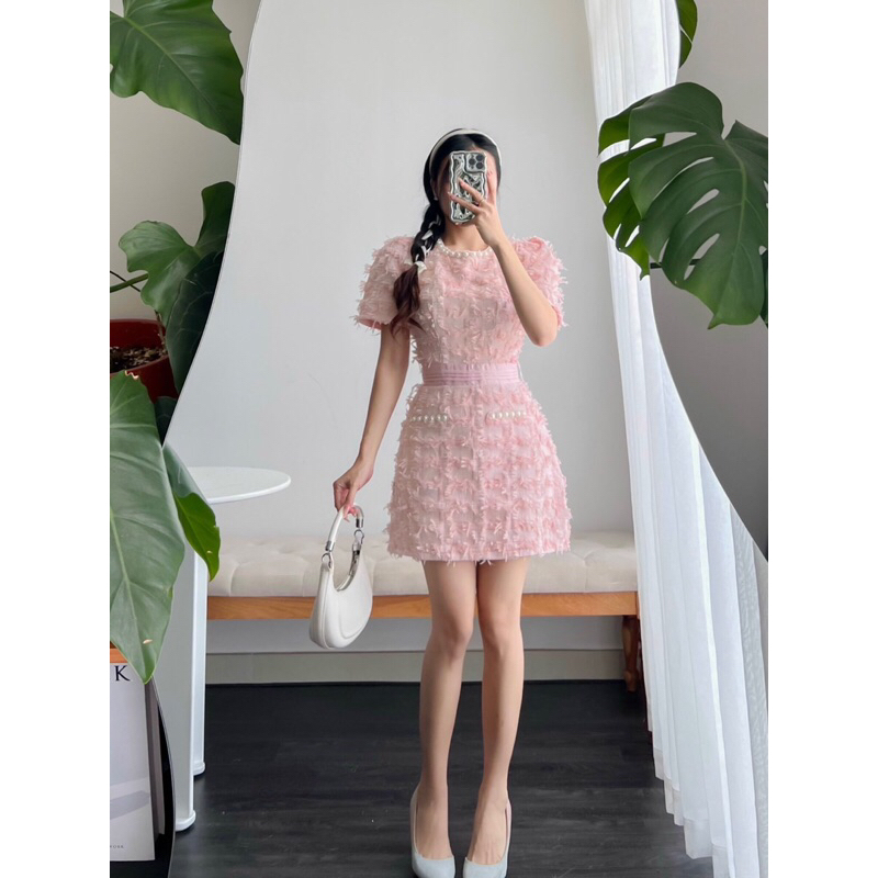 Váy đầm dạ tweed lông kim tuyến, lông vũ