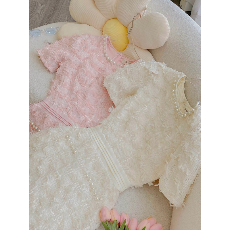 Váy đầm dạ tweed lông kim tuyến, lông vũ