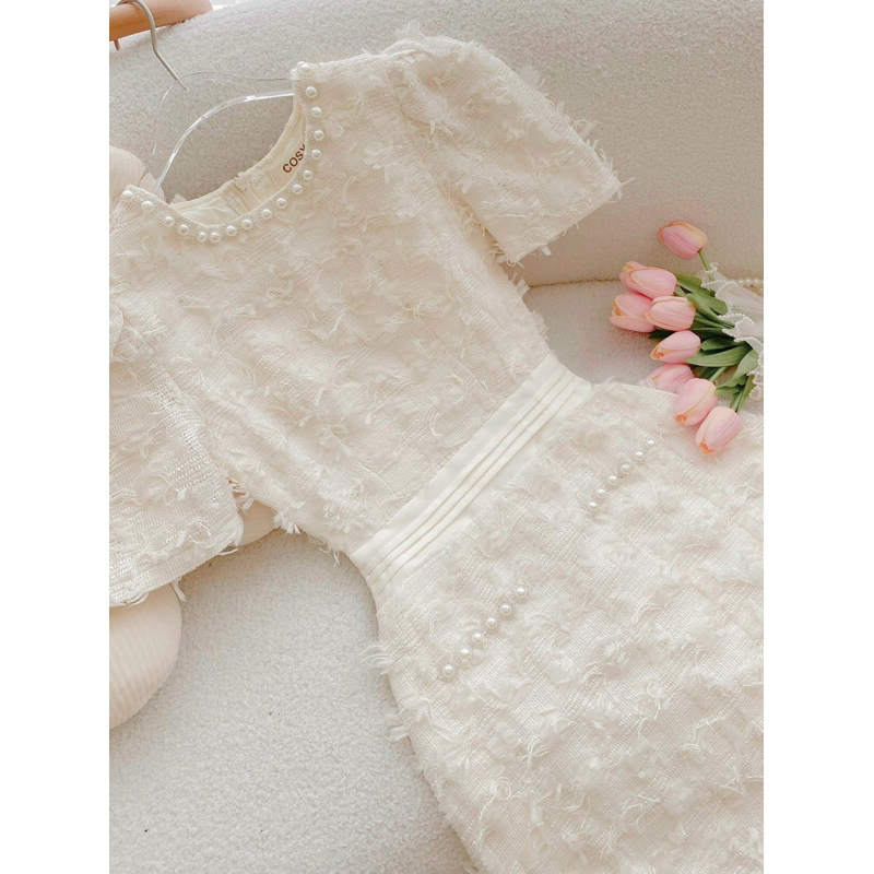 Váy đầm dạ tweed lông kim tuyến, lông vũ