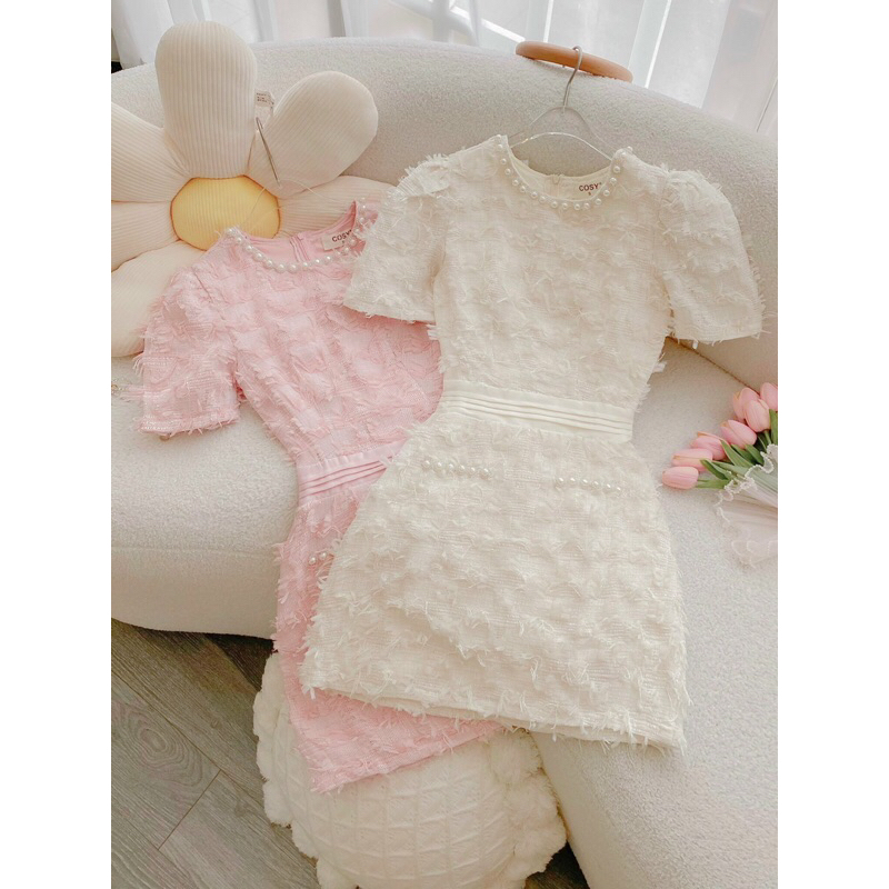 Váy đầm dạ tweed lông kim tuyến, lông vũ