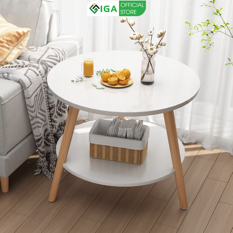 Bàn trà cafe gỗ 2 tầng mặt gỗ MDF phủ melamin chân gỗ sồi tự nhiên phong cách vintage thương hiệu IGA - GP54