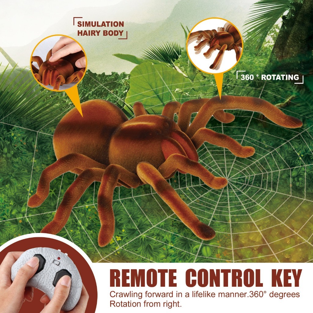 Đồ chơi mô hình nhện điều khiển từ xa nhả khói, có lông, cỡ lớn, nhện lông Tarantula điều khiển xoay 360 độ, mắt sáng