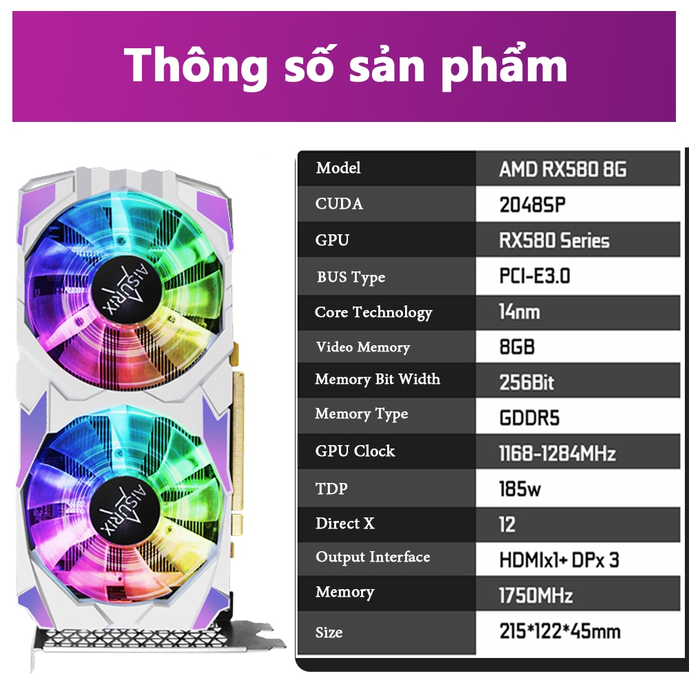 AISURIX RGB Card màn hình VGA RX 580 8GB Colorful AMD GPU GDDR5 256Bit PC Gaming | BigBuy360 - bigbuy360.vn