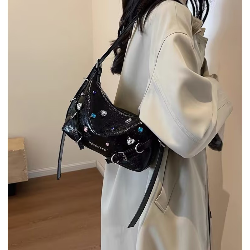 Order🦋Túi đeo chéo màu bạc thời trang túi bánh bao túi xách kim cương túi nách