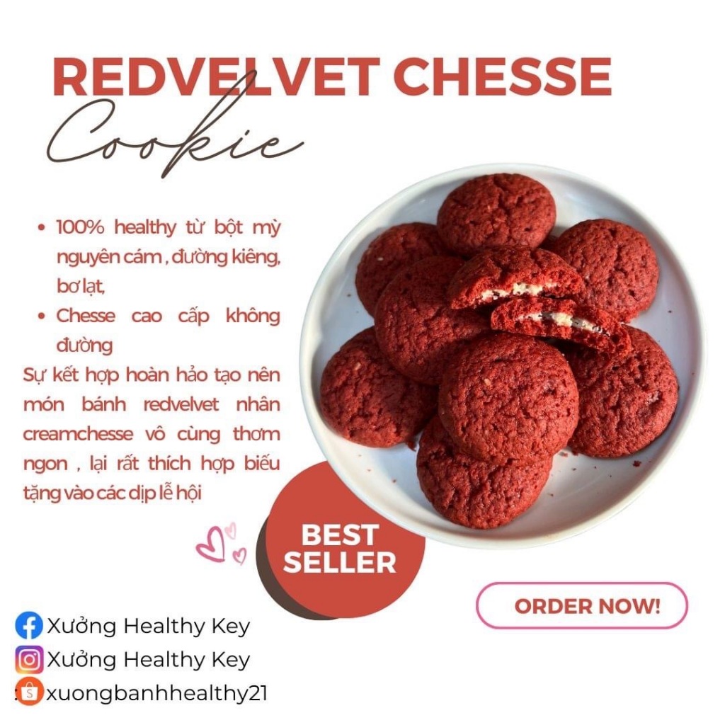 Bánh Cookies RedVelvet Nhân CreamChesse Healthy Key - Bánh Hạt Ngũ Cốc Giảm Cân