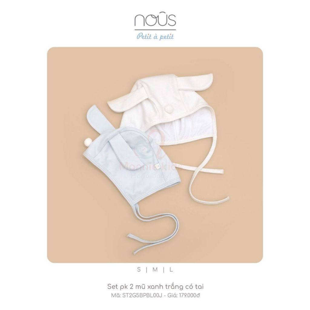 Set phụ kiện 2 mũ cho bé Nous xanh hồng trắng có tai chất liệu cotton mềm mại - Monnie Kids