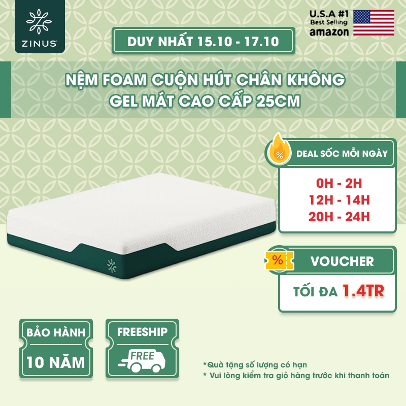 Nệm Foam Tinh Chất Trà Xanh Cao Cấp Dày 25cm Zinus - 10in Cooling Gel Memory Foam Mattress