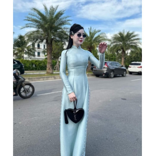 Áo Dài Truyền Thống Chất Lụa Vân Gỗ 2 Tà Cổ Sen 2.5cm Tay Dài Đính Hạt Cao Cấp