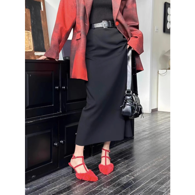 Gìay cao gót bít mũi quai lông xù mềm mại cho nữ quai mảnh thu đông sexy 2023