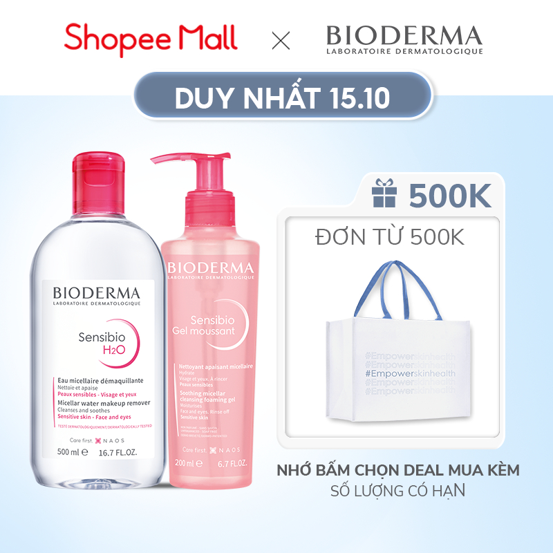 Bộ nước tẩy trang và làm sạch Micellar cho da nhạy cảm Bioderma Sensibo H2O 500ml và gel rửa mặt tạo bọt 200ml