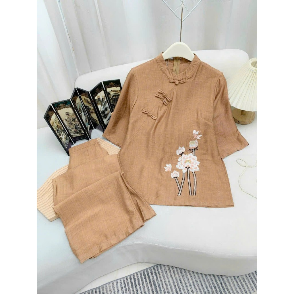 Đồ Lam Đi Chùa,Pháp Phục đi Lễ Nguyên Set bộ bà ba 4 nút tàu tay lỡ chất đũi vân mây thêu hoa sen