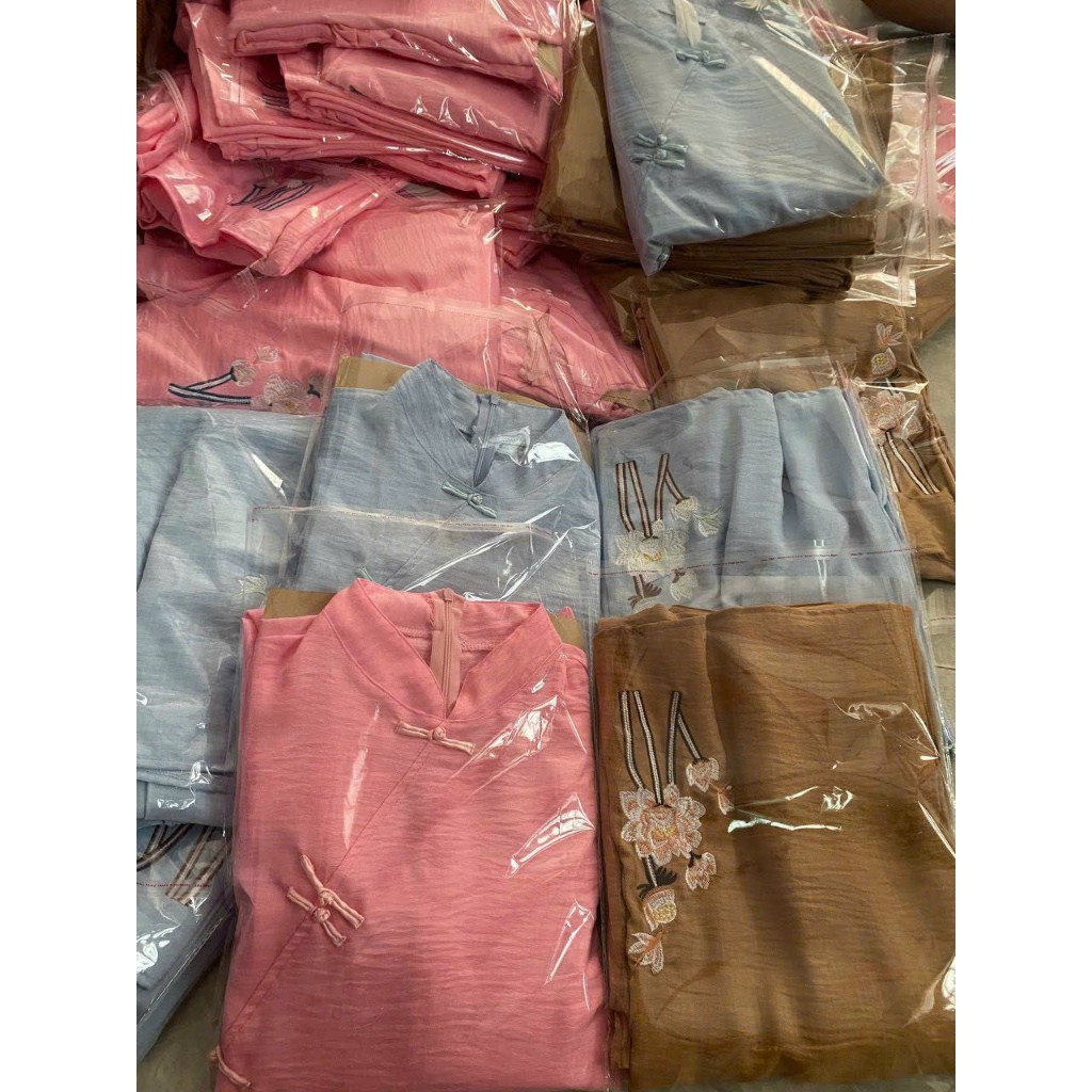 Đồ Lam Đi Chùa,Pháp Phục đi Lễ Nguyên Set bộ bà ba 4 nút tàu tay lỡ chất đũi vân mây thêu hoa sen