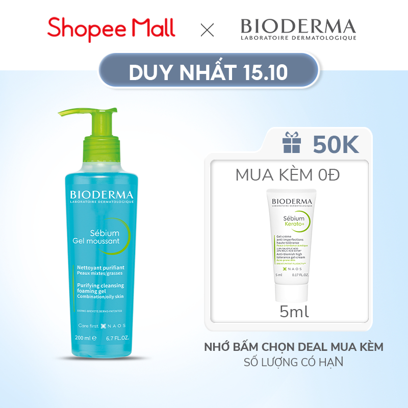 Gel rửa mặt tạo bọt, không chứa xà phòng Bioderma Sebium Gel Moussant - 200ml