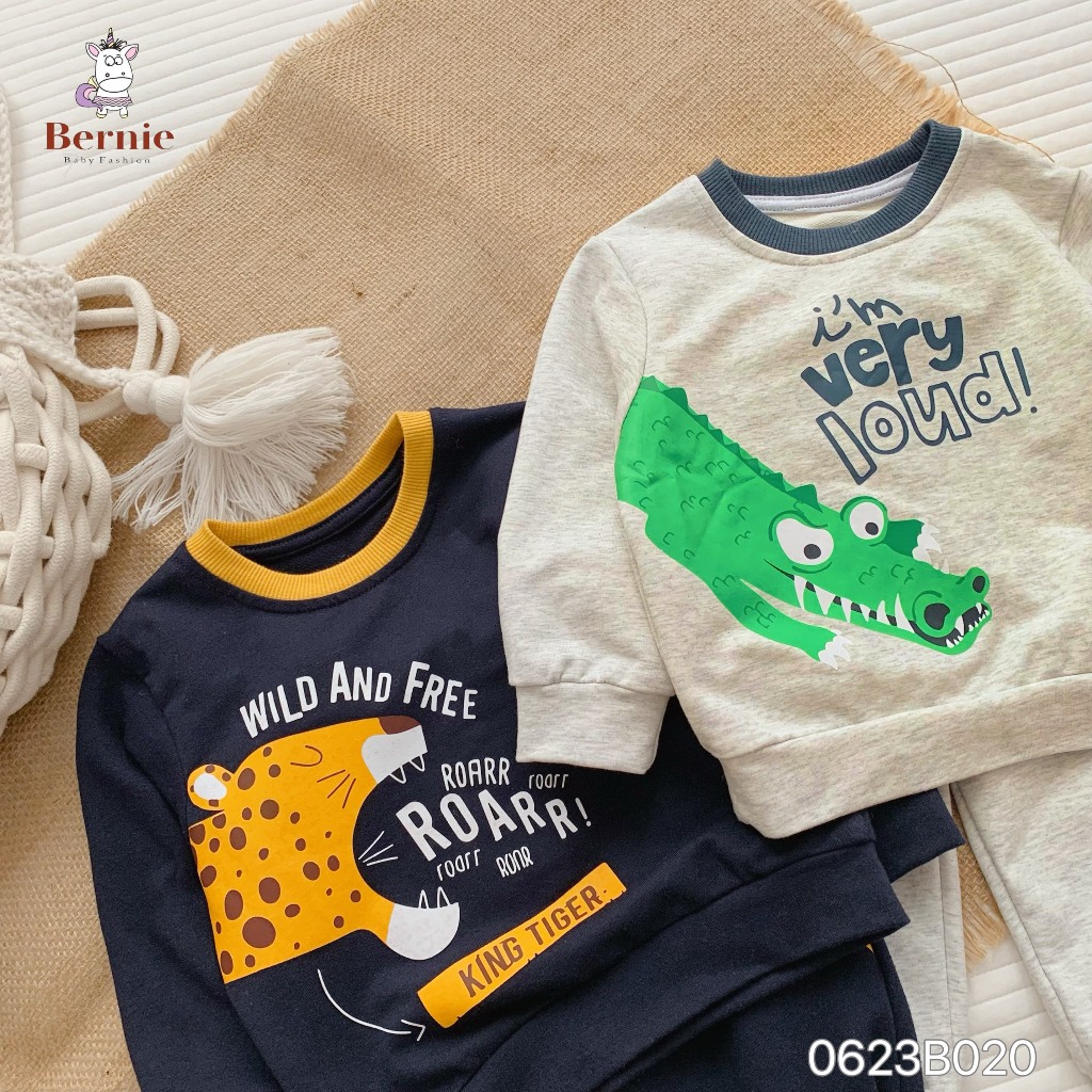 Bộ nỉ da cá bé trai bé gái Hổ & Cá sấu Bernie - Bộ dài tay thu đông bé trai cho bé 9-23kg - 0623B020