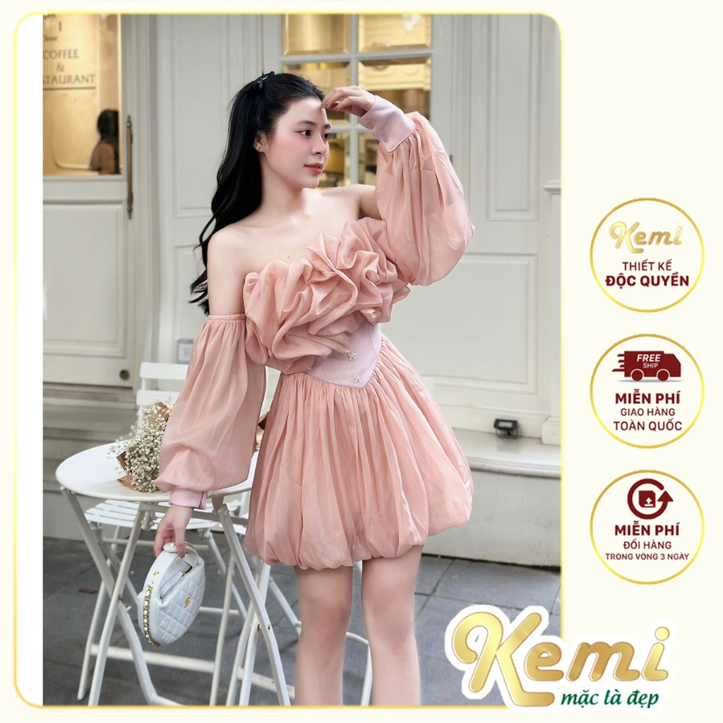 Váy tiểu thư nàng thơ viền cuốn hoa bèo, đầm xòe dáng A công chúa chất Tơ mềm Kemi