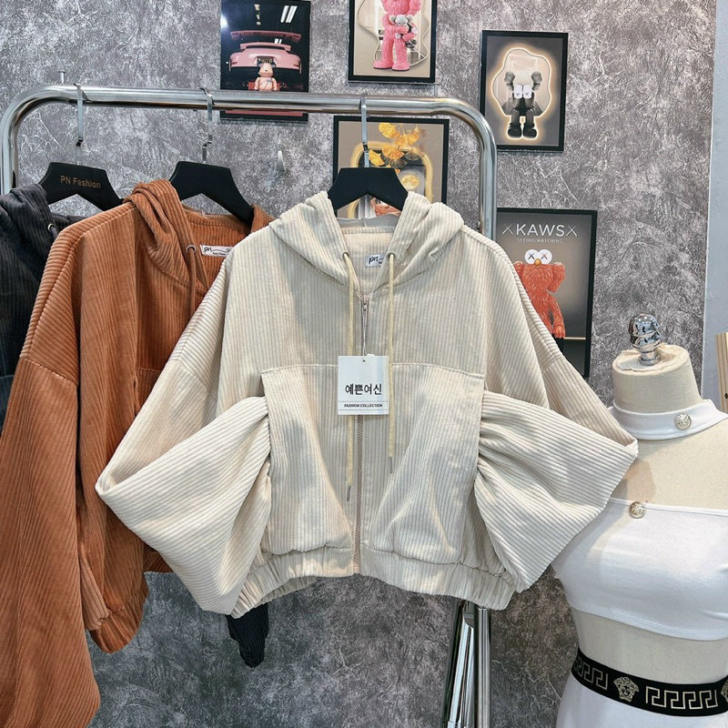 Áo Khoác Croptop Nhung Gân Quảng Châu Cao Cấp tay bồng cánh dơi