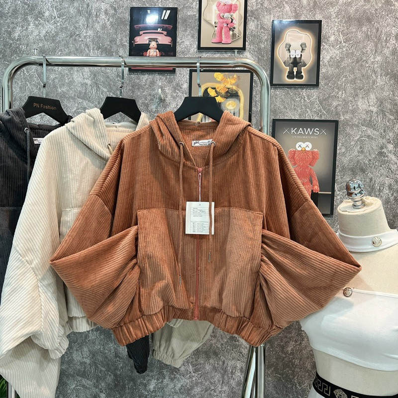 Áo Khoác Croptop Nhung Gân Quảng Châu Cao Cấp tay bồng cánh dơi