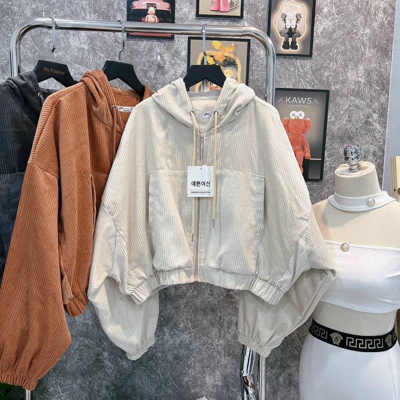 Áo Khoác Croptop Nhung Gân Quảng Châu Cao Cấp tay bồng cánh dơi