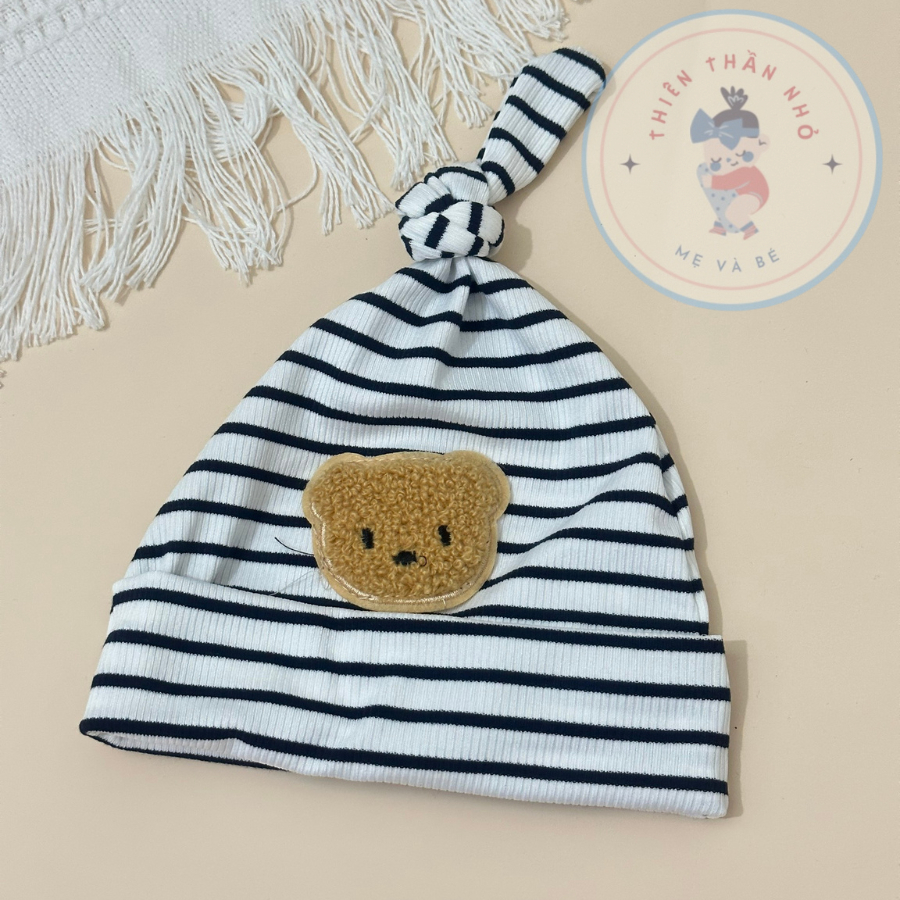 Mũ Củ Tỏi Thun Lạnh Kẻ Đính Gấu Bông Xù Cho Bé, Trẻ Sơ Sinh, Bé Trai Bé Gái 4-8kg