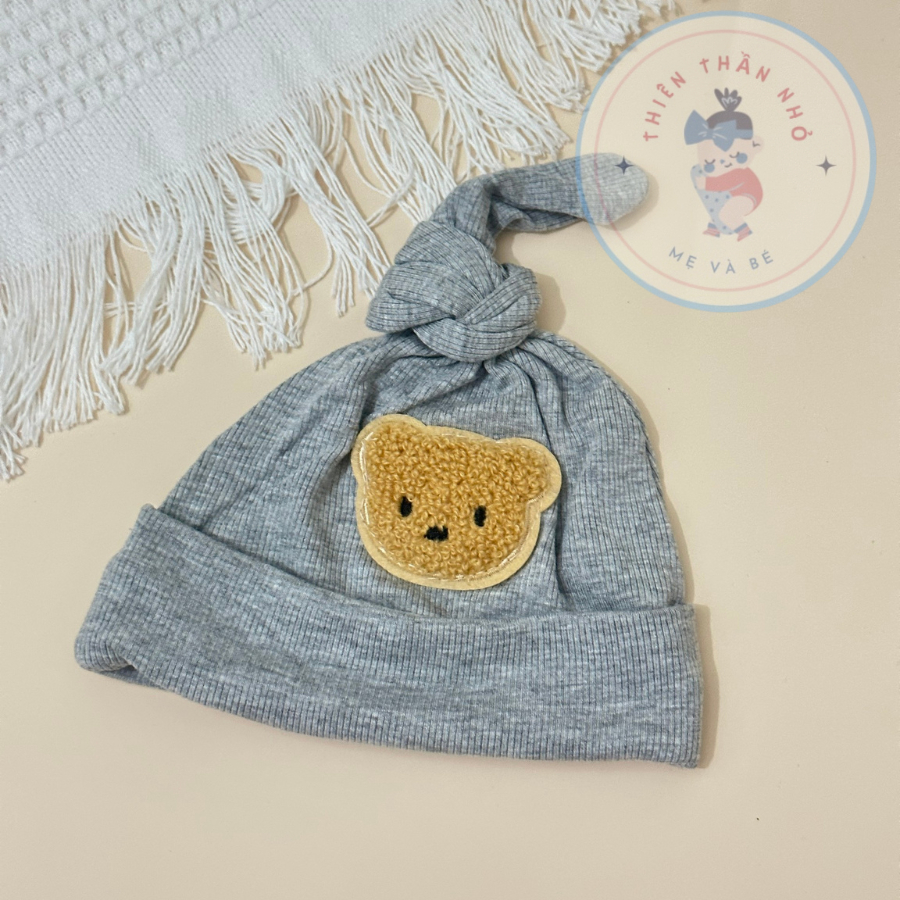 Mũ Củ Tỏi Thun Lạnh Kẻ Đính Gấu Bông Xù Cho Bé, Trẻ Sơ Sinh, Bé Trai Bé Gái 4-8kg