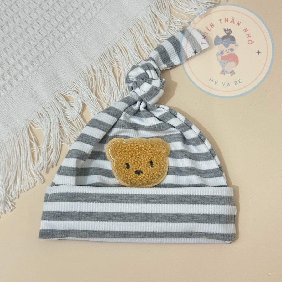 Mũ Củ Tỏi Thun Lạnh Kẻ Đính Gấu Bông Xù Cho Bé, Trẻ Sơ Sinh, Bé Trai Bé Gái 4-8kg
