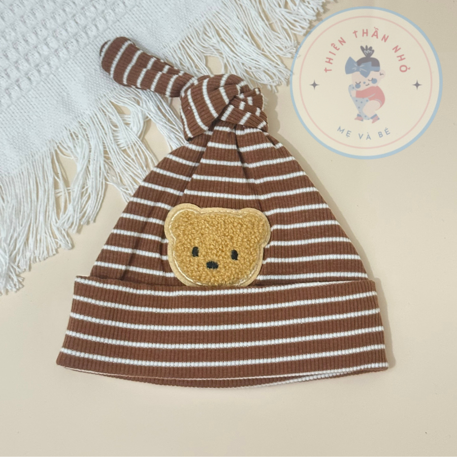 Mũ Củ Tỏi Thun Lạnh Kẻ Đính Gấu Bông Xù Cho Bé, Trẻ Sơ Sinh, Bé Trai Bé Gái 4-8kg
