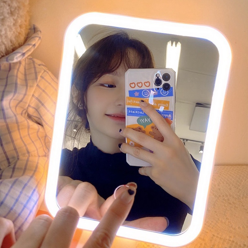 Gương Để Bàn Trang Điểm - Gương Trang Điểm Có Đèn Led - Gương vuông Cảm Ứng 3 Chế Độ Ánh Sáng