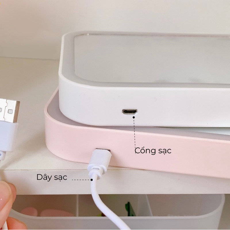 Gương Để Bàn Trang Điểm - Gương Trang Điểm Có Đèn Led - Gương vuông Cảm Ứng 3 Chế Độ Ánh Sáng