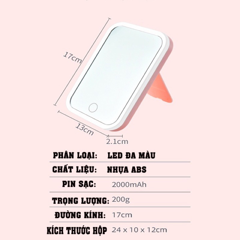 Gương Để Bàn Trang Điểm - Gương Trang Điểm Có Đèn Led - Gương vuông Cảm Ứng 3 Chế Độ Ánh Sáng