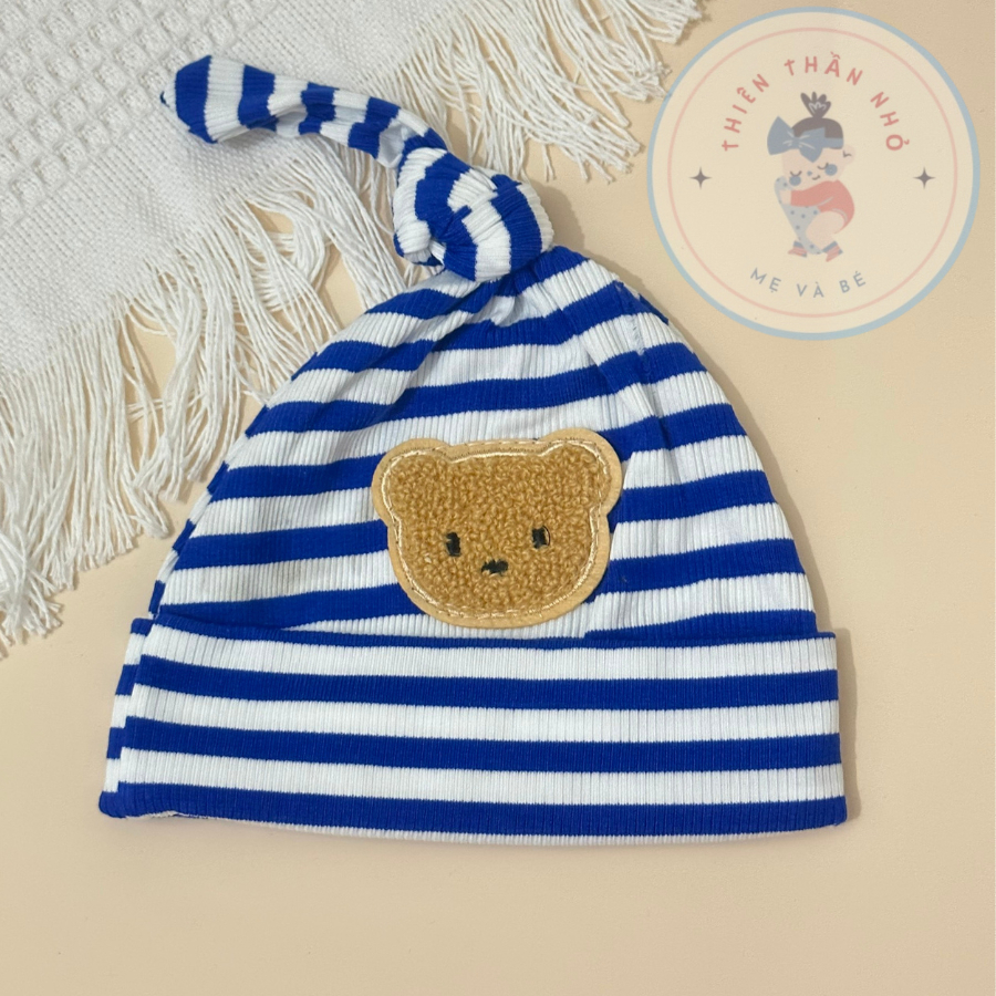 Mũ Củ Tỏi Thun Lạnh Kẻ Đính Gấu Bông Xù Cho Bé, Trẻ Sơ Sinh, Bé Trai Bé Gái 4-8kg