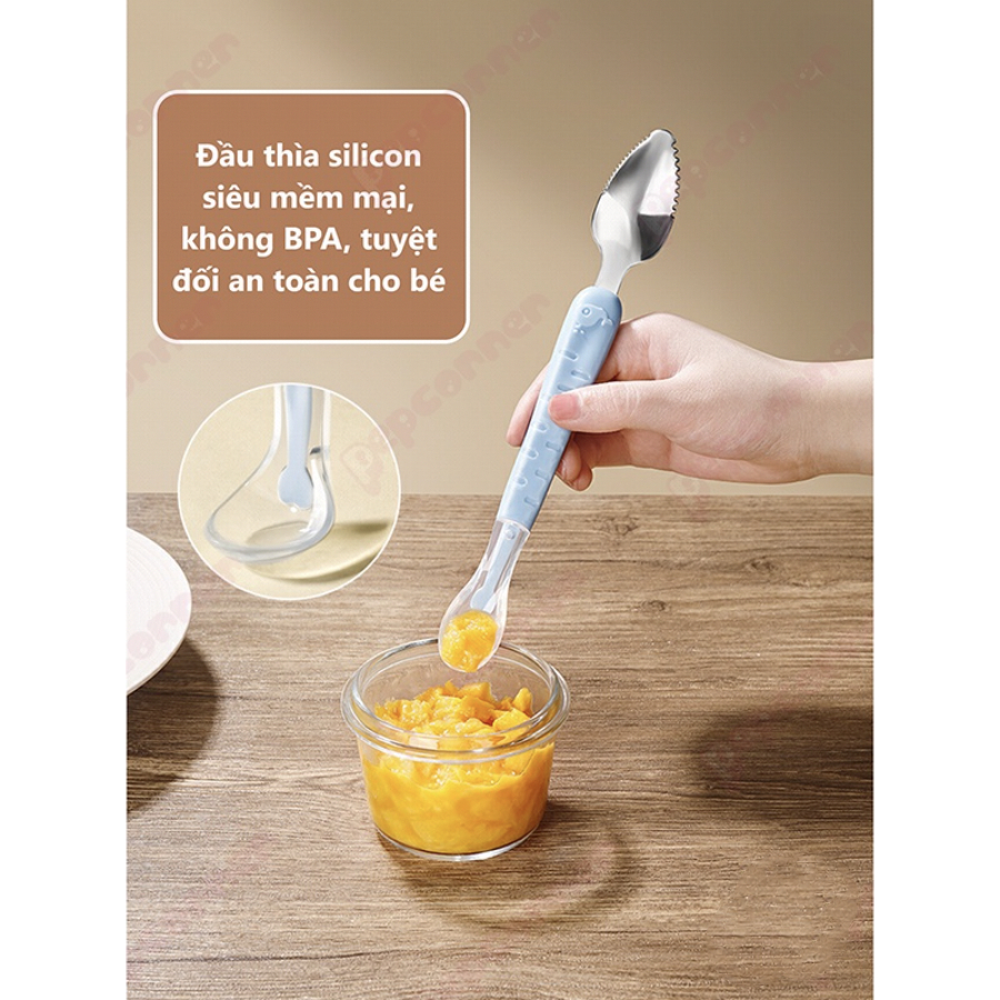 Thìa Nạo Hoa Quả 2 Đầu Cho Bé Ăn Dặm, Làm Mịn Hoa Quả 1 Đầu Inox Cao Cấp 1 Đầu Silicon An Toàn Cho Bé Lamkids