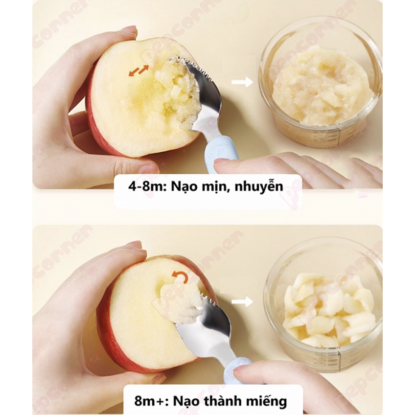 Thìa Nạo Hoa Quả 2 Đầu Cho Bé Ăn Dặm, Làm Mịn Hoa Quả 1 Đầu Inox Cao Cấp 1 Đầu Silicon An Toàn Cho Bé Lamkids