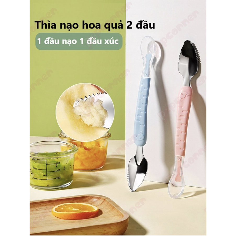 Thìa Nạo Hoa Quả 2 Đầu Cho Bé Ăn Dặm, Làm Mịn Hoa Quả 1 Đầu Inox Cao Cấp 1 Đầu Silicon An Toàn Cho Bé Lamkids