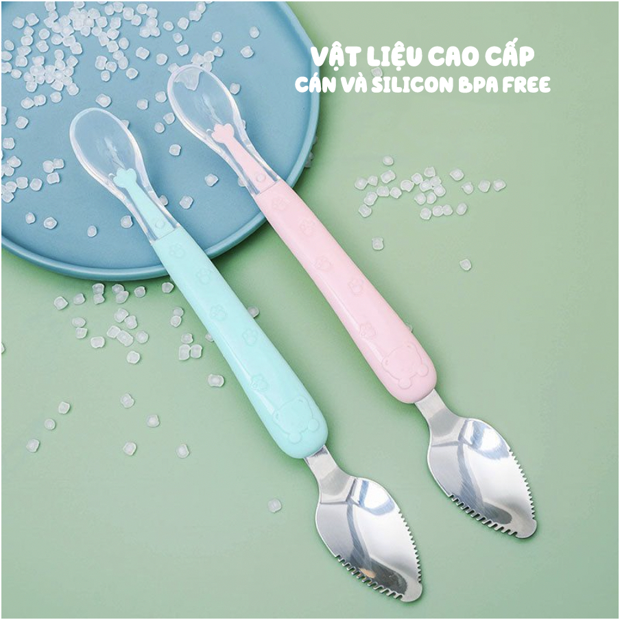 Thìa Nạo Hoa Quả 2 Đầu Cho Bé Ăn Dặm, Làm Mịn Hoa Quả 1 Đầu Inox Cao Cấp 1 Đầu Silicon An Toàn Cho Bé Lamkids