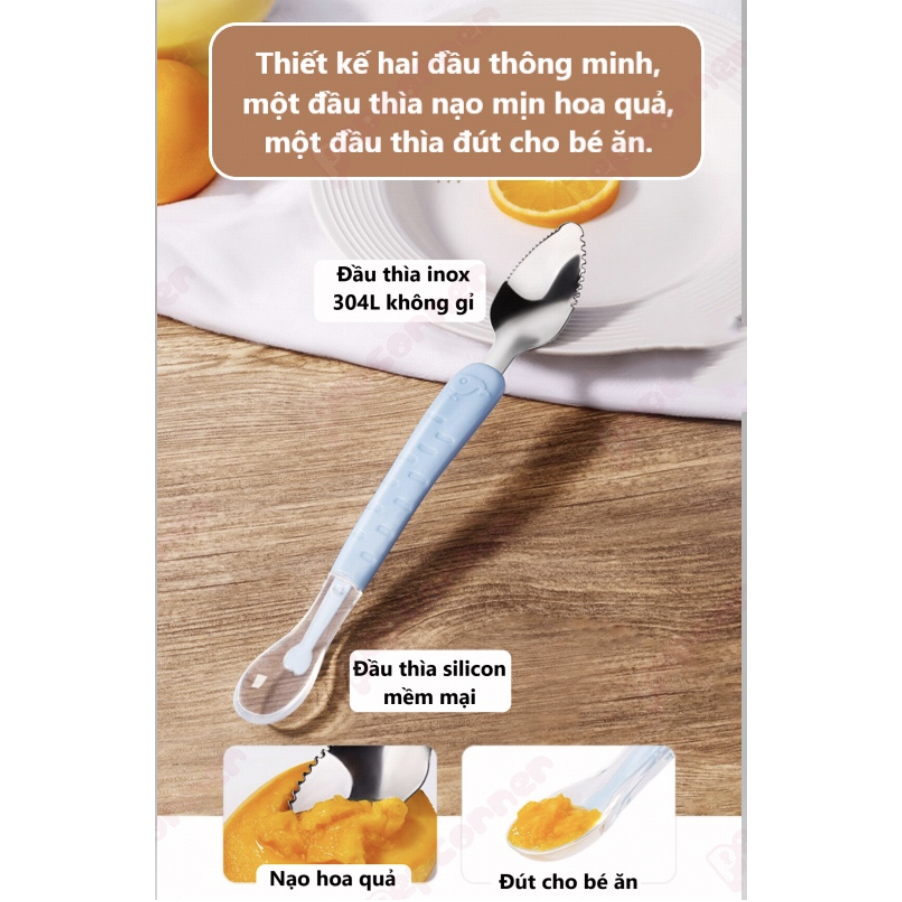 Thìa Nạo Hoa Quả 2 Đầu Cho Bé Ăn Dặm, Làm Mịn Hoa Quả 1 Đầu Inox Cao Cấp 1 Đầu Silicon An Toàn Cho Bé Lamkids