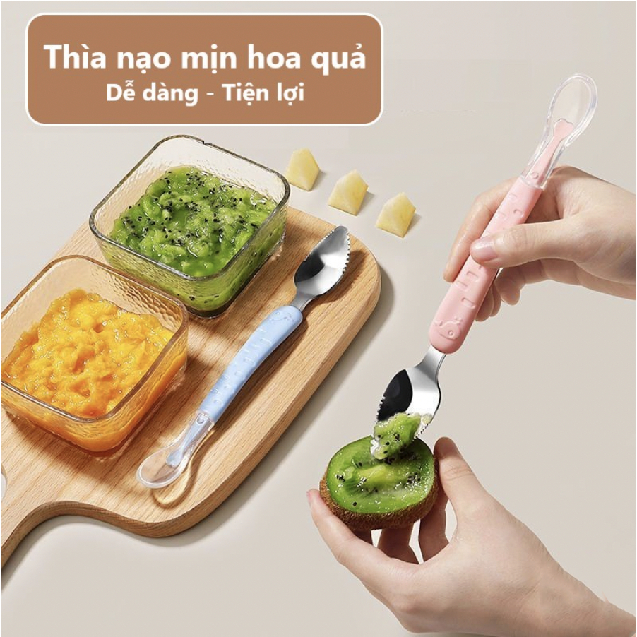 Thìa Nạo Hoa Quả 2 Đầu Cho Bé Ăn Dặm, Làm Mịn Hoa Quả 1 Đầu Inox Cao Cấp 1 Đầu Silicon An Toàn Cho Bé Lamkids