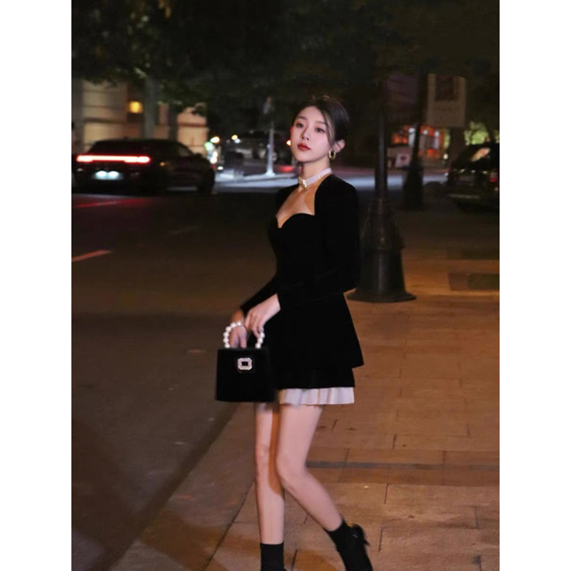 Set Đầm Cúp Ngực Tay Dài Cổ Thuyền TIBU Đầm Tiểu Thư Đen Trắng Sang Chảnh Đi Chơi Dự Tiệc Cực Tôn Dáng