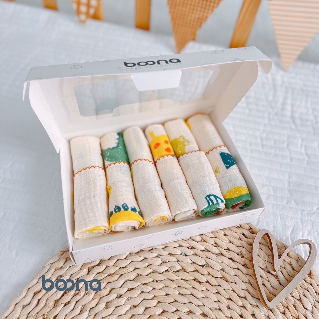 Khăn Sữa Boona, Set 6 Khăn Xô Muslin Siêu Mềm Mịn 2 Lớp, Rửa Mặt, Tắm Cho Bé Sơ Sinh betuti