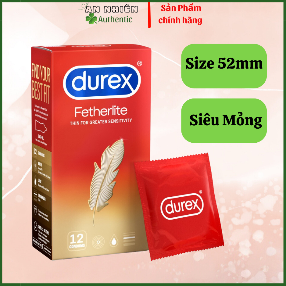 Bao cao su Durex Fetherlite siêu mỏng, size 52mm, 12 bao/hộp (che tên sản phẩm khi giao hàng)