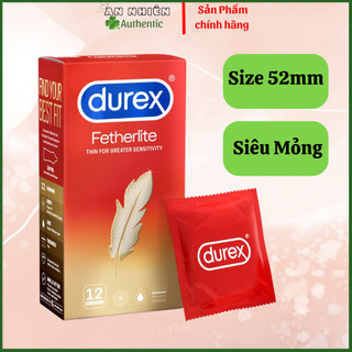 Bao cao su Durex Fetherlite siêu mỏng, size 52mm, 12 bao/hộp