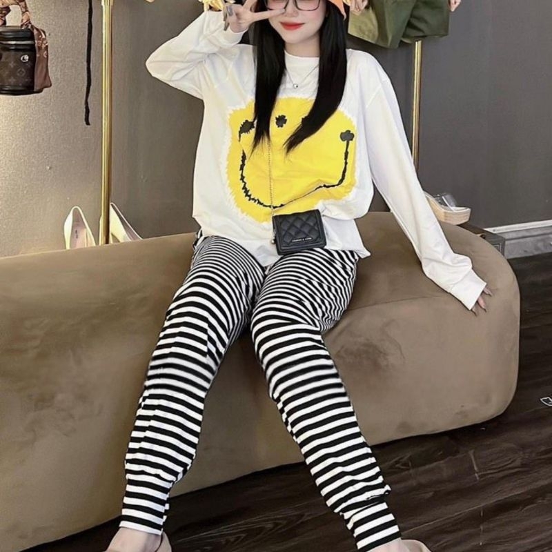 Set bộ thun cotton tay dài in mặt cười, phối quần dài kẻ sọc ngang, bigsize 60-80kg