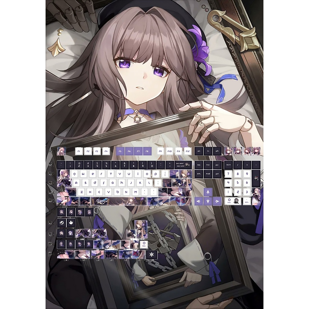 Keycap Honkai: Star Rail Herta thick PBT xuyên led in dyesub 5 mặt 135 phím anime layout keycaps Genshin Impact